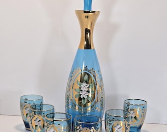 Venetian Murano Blue Glass Decanter Set with 6 Shot Glasses, 24K Gold Gilt Floral Tre Fuochi Liqueur Set, MCM Italian Art Glass