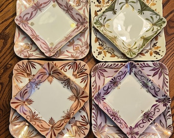 Antique CFH GDM Haviland Limoges "Harlequin" Dessert Set 8pc Square Scalloped Cake Ice Cream Plates Hand Painted Studio Palette 1880s