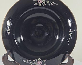 1980s Fenton Black Ebony Black Glass Console Bowl Copper Rose Pattern Hand Painted and Signed by Martha Reynolds Signed Opaque Centerpiece