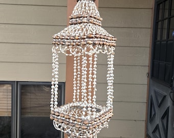 1970s Cowrie & Puka Sea Shell Chandelier Planter, Light, Lantern Hanger Accent Large 36"