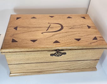 Custom Oak Memory Chest Keepsake Box Inlaid Details With D Monograms