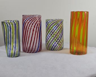 Studio Art Glass Tumblers Set of 4 Unique Hand Blown Cane Swirl Glasses Unique Colors and Patterns Signed PIP 1994 American Studio Glass