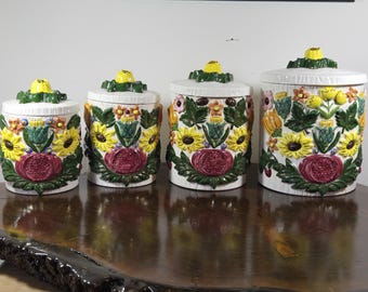 Sunflower Pomegranate Canister Set 4 Pc with Lids High Relief Botanical Garden 3D Raised Ceramic Hobbyist 1975 Signed