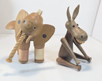 Rare MCM Zoo Line Wooden Elephant Sewing Caddy Kit Articulated Teak Wood and/or Donkey Your Choice