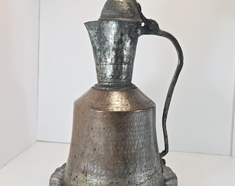 Egyptian Tinned Copper Ewer & Tray Set Late 19th C. Ottoman Water Pitcher Hand Hammered Ibrik Aftaba Coffee Pot W Fluted Chased Under-tray
