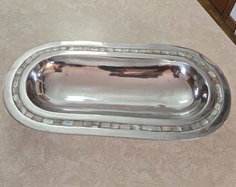 Larger Oval Centerpiece Bowl with Inlaid Mother of Pearl Border Aluminum Pewter Alloy India