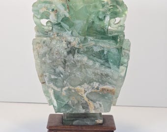 Republic Period Chinese Green Fluorite Hu Form Vase Lamp Base Taotie & Chilong Motifs