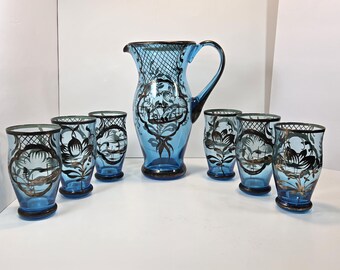 Venetian Murano Blue Glass Pitcher & Glasses Silver Overlay Gondola Motif 7 Piece Mid Century Italian Barware AS IS