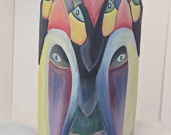 Signed Jhonny Maleku Costa Rica Corner Mask Hand-Carved Balsa Wood Spirit Nymph & Toucan Art Indigenous Central American Folk Art