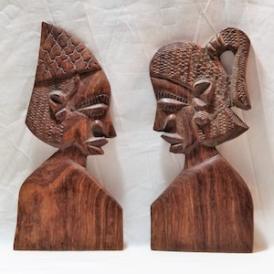 Vtg Black Folk Art Ethnic Carved Relief Wood Plaque Wall Art Man & Woman Pair Profile Hand Crafted Wood Collectible Wall Hanging Wall Plaque