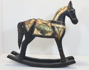 Traditional Marwari Armored War Horse Miniature Wooden Rocking Horse Bone Inlay Brass Detailing