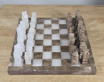 Vintage Playa Del Carmen Mexican Onyx Chess Set Hand Carved Aztec Stone Board & Pieces Original Box 7" Desk Decor