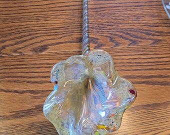 Long Stem Trumpet Flower Lily Studio Art Glass Oversized 16.5" Long Amber Confetti Frit Hand Pulled Twisted Cane Stem Monumental Glass Bloom