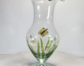 Blown Art Glass Bouquet Vase Enamel Flowers Butterfly Pale Green Pedestal Clear Ruffled Top