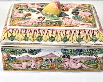 Vintage Italica ARS Italy Porcelain Trinket Box Capodimonte Style High Relief Cherubs & Pear Finial Hand Painted Italian Majolica Signed