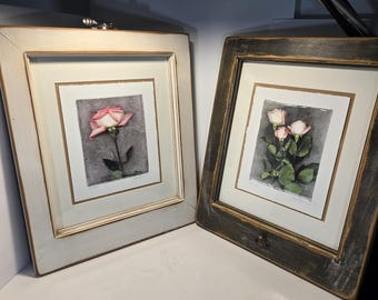 Joy Owens Rose Prints Matching Set of 2 Artist Proofs A.P. 2/30 & 6/30 Shabby Chic Window Frames With Metal Hardware