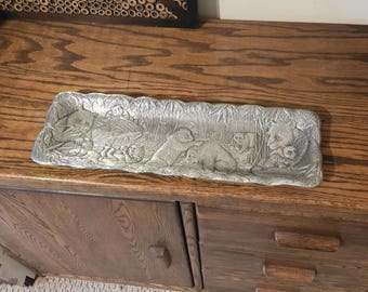 Vintage 1989 Arthur Court Panda Bear Tray, 19x6 Aluminum Sandwich Platter, Mid Century Wildlife Vanity Tray, Bamboo Forest Decor