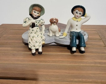 1950's Shelf Sitters 2 Girls with a Border Collie Dog Hand Painted Collectible Figurines