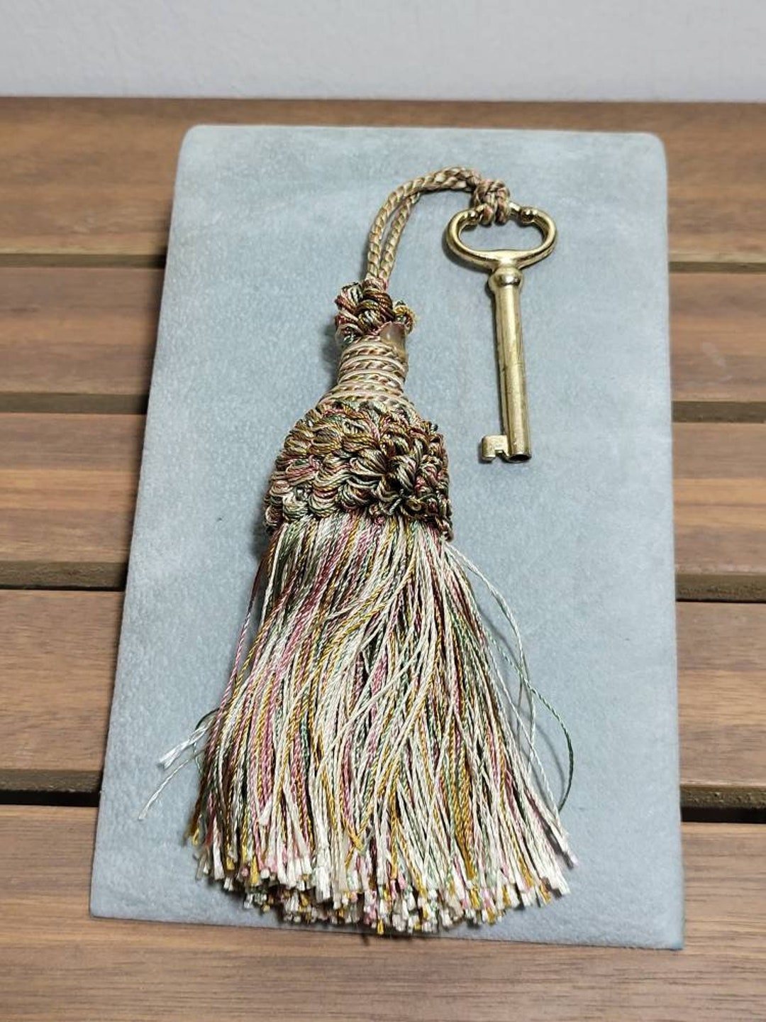 Vintage Brass Open Barrel Key With Looped Tassel Large Ornate