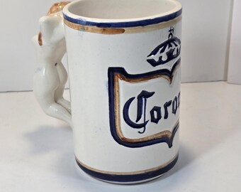 Vintage Corona Beer Mug Naked Lady Handle, Jumbo 5 Cup Hand Painted Mexican Folk Art Pottery Stein, Risqué Kitsch Barware, Red Hair Nude