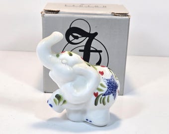 Fenton White Satin Glass Elephant Figurine Hand-painted Stars & Hearts Signed J Powell Trunk Up Lucky Elephant Collectible