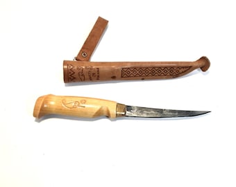J Marttiini Rapala Fishing Filet Knife with Leather Sheath Engraved 4" Blade Finland