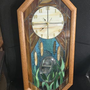 Handmade Stained Glass Shadowbox Wall Clock Octagon Oak Frame Mirrored Back Clear Bevel Cattail Art New Quartz Movement