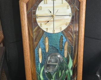Handmade Stained Glass Shadowbox Wall Clock Octagon Oak Frame Mirrored Back Clear Bevel Cattail Art New Quartz Movement