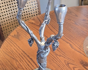 Mid Century German Pewter Candelabra Art Nouveau Cast Tree Branch With Grapes 3 Arm Faux Bois Design Hamburg Feinzinn 95%