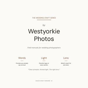 May include: A white informational card titled THE WEDDING CRAFT SERIES by Westyorkie Photos. It lists field manuals for wedding photographers, detailing sections for Words, Light, and Lens, with the quote: Clear prompts. Honest light. The right lens.