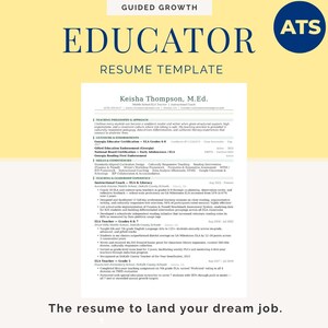 May include: A digital resume template for educators on a pale yellow background. The text reads GUIDED GROWTH, EDUCATOR RESUME TEMPLATE, and ATS. The document includes sections for teaching philosophy, licensure, skills, and professional experience.
