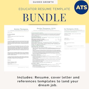 May include: A digital educator resume template bundle featuring a yellow header with the text GUIDED GROWTH, EDUCATOR RESUME TEMPLATE BUNDLE, and ATS. The document displays a sample resume, cover letter, and references page with black text.