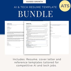 May include: A digital resume template bundle featuring the text Guided Growth, AI & Tech Resume Template Bundle, and ATS. The document set includes a resume, cover letter, and reference templates designed for competitive AI and tech job applications.