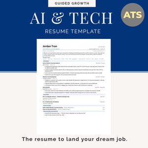 May include: A resume template titled Guided Growth AI & Tech Resume Template with an ATS badge. The document features a professional layout for a Senior Machine Learning Engineer named Jordan Tran, including sections for skills, experience, education, and certifications.