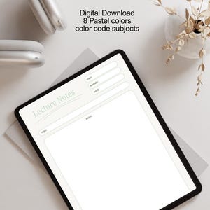 May include: A digital tablet displaying a lecture notes template with fields for class, module, week, and topic. The screen shows the text Lecture Notes. The tablet is accompanied by silver headphones and a small vase with dried branches.