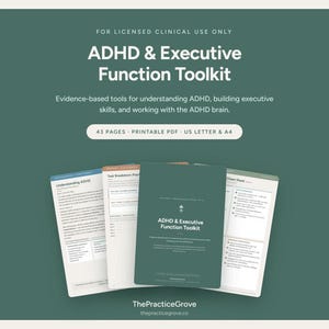 May include: A digital ADHD & Executive Function Toolkit with 43 pages in a printable PDF format. The document set includes a cover page and various worksheets with text, all displayed against a solid dark green background with white text.