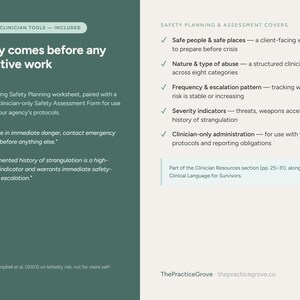 K&ouml;nnte beinhalten: Ein zweispaltiges Informationsdokument mit dem Titel Safety Planning & Assessment Covers. Die linke Seite ist dunkelgr&uuml;n mit wei&szlig;em Text zu Sicherheitsprotokollen. Die rechte Seite ist cremefarben und listet f&uuml;nf Bewertungspunkte auf.