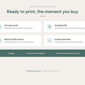 K&ouml;nnte beinhalten: Eine digitale Download-Infografik mit dunkelgr&uuml;nem Text auf hellem Hintergrund. Sie listet Funktionen wie US Letter- und A4-Formate, druckbares PDF-Format, eine Schwarz-Wei&szlig;-Version und sofortigen Download f&uuml;r 31 Seiten auf.
