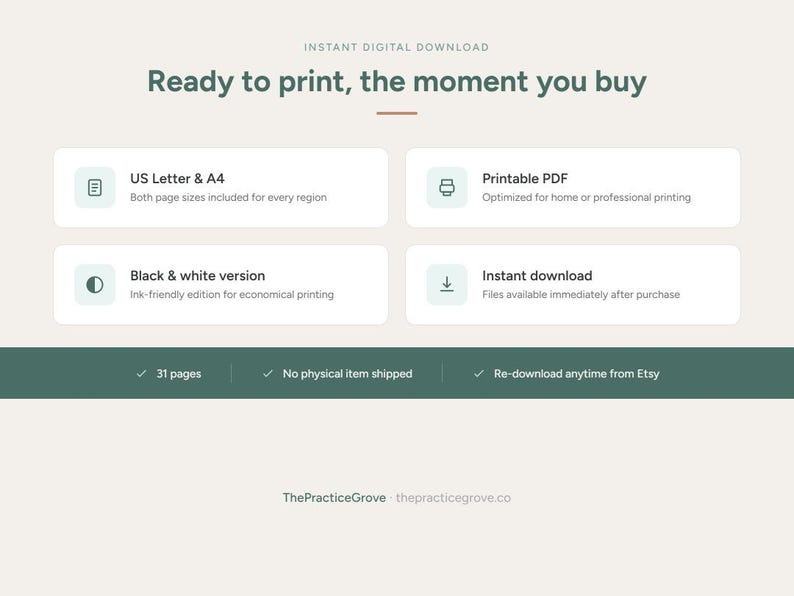 K&ouml;nnte beinhalten: Eine digitale Download-Infografik mit dunkelgr&uuml;nem Text auf hellem Hintergrund. Sie listet Funktionen wie US Letter- und A4-Formate, druckbares PDF-Format, eine Schwarz-Wei&szlig;-Version und sofortigen Download f&uuml;r 31 Seiten auf.