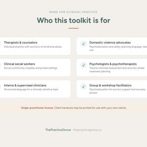 K&ouml;nnte beinhalten: Eine Infografik mit dem Titel Who this toolkit is for, die Zielgruppen wie Therapeuten, Berater, Sozialarbeiter und F&uuml;rsprecher auflistet. Sie enth&auml;lt sechs wei&szlig;e rechteckige K&auml;stchen mit H&auml;kchen und Text sowie einen Hinweis zur Einzellizenz am unteren Rand.