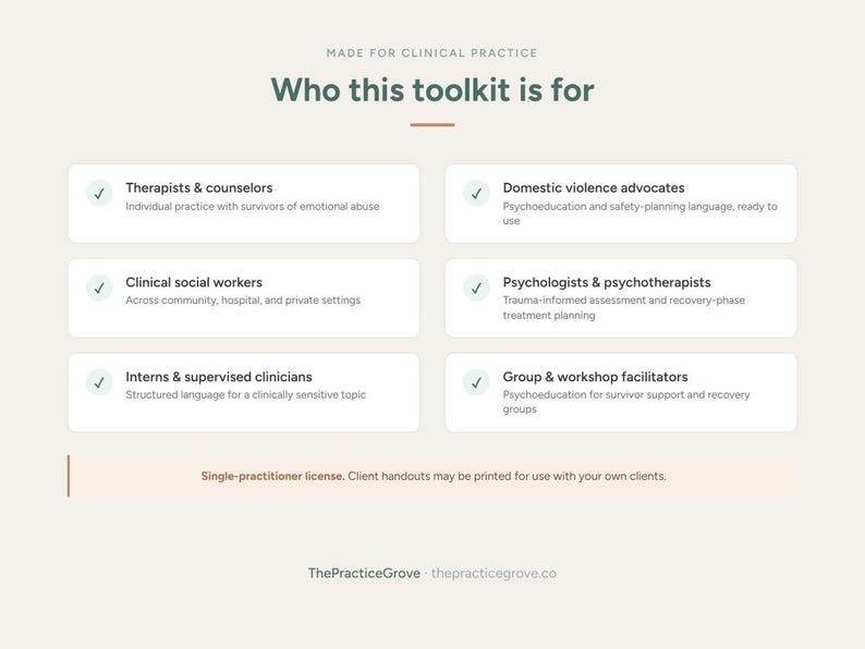 K&ouml;nnte beinhalten: Eine Infografik mit dem Titel Who this toolkit is for, die Zielgruppen wie Therapeuten, Berater, Sozialarbeiter und F&uuml;rsprecher auflistet. Sie enth&auml;lt sechs wei&szlig;e rechteckige K&auml;stchen mit H&auml;kchen und Text sowie einen Hinweis zur Einzellizenz am unteren Rand.