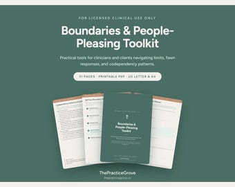 May include: A digital toolkit titled Boundaries & People-Pleasing Toolkit for licensed clinical use. The set includes 31 pages in a printable PDF format, compatible with US Letter and A4 sizes, featuring worksheets for navigating limits and codependency.