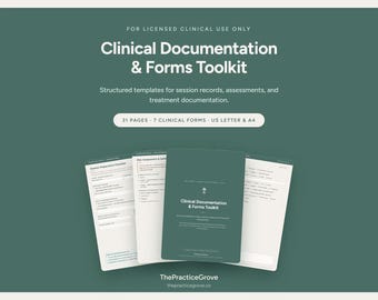 May include: A Clinical Documentation & Forms Toolkit featuring 31 pages and 7 clinical forms in US Letter and A4 sizes. The dark green cover displays the title and text: For Licensed Clinical Use Only, Structured templates for session records.