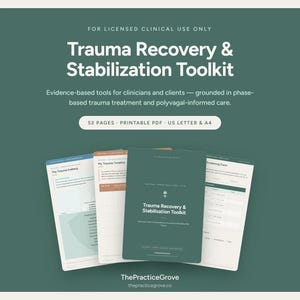 以下が含まれることがあります： ダークグリーンの背景に配置された52ページの印刷可能なPDF「Trauma Recovery & Stabilization Toolkit」。テキストには「FOR LICENSED CLINICAL USE ONLY」「Trauma Recovery & Stabilization Toolkit」「Evidence-based tools for clinicians and clients」と記載されています。