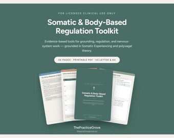 May include: A digital toolkit titled Somatic & Body-Based Regulation Toolkit, featuring 44 pages in a printable PDF format for US Letter and A4 sizes. The document includes evidence-based tools for grounding, regulation, and nervous-system work.
