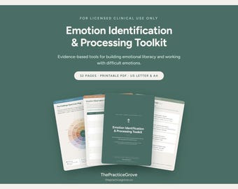 May include: A 32-page printable PDF toolkit titled Emotion Identification & Processing Toolkit. The document includes a feelings spectrum map, observation sheets, and cards on a dark green background with white text for clinical use.