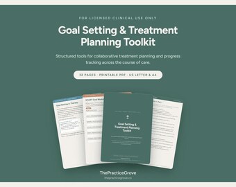 May include: A digital toolkit titled Goal Setting & Treatment Planning Toolkit for licensed clinical use. It includes 32 pages of printable PDF documents in US Letter and A4 sizes, featuring structured tools for collaborative treatment planning.