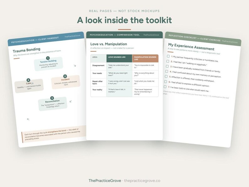 K&ouml;nnte beinhalten: Drei Bildungsdokumente mit dem Titel A look inside the toolkit. Die linke Seite zeigt ein Diagramm zum Trauma-Bonding-Zyklus. Die mittlere Seite ist eine Vergleichstabelle Love vs. Manipulation. Die rechte Seite ist eine Checkliste.