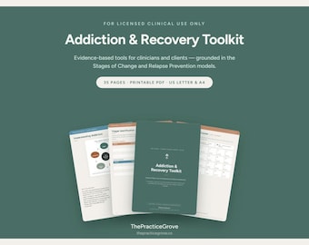 May include: A digital Addiction & Recovery Toolkit featuring 35 pages in a printable PDF format. The document includes evidence-based tools for clinicians and clients, covering Stages of Change and Relapse Prevention models in US Letter and A4 sizes.