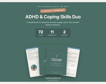 May include: A digital ADHD & Coping Skills Duo toolkit set featuring 72 pages, 11 worksheets, and 2 toolkits. The dark green cover displays the text ADHD & Executive Function Toolkit, with additional text for licensed clinical use only.